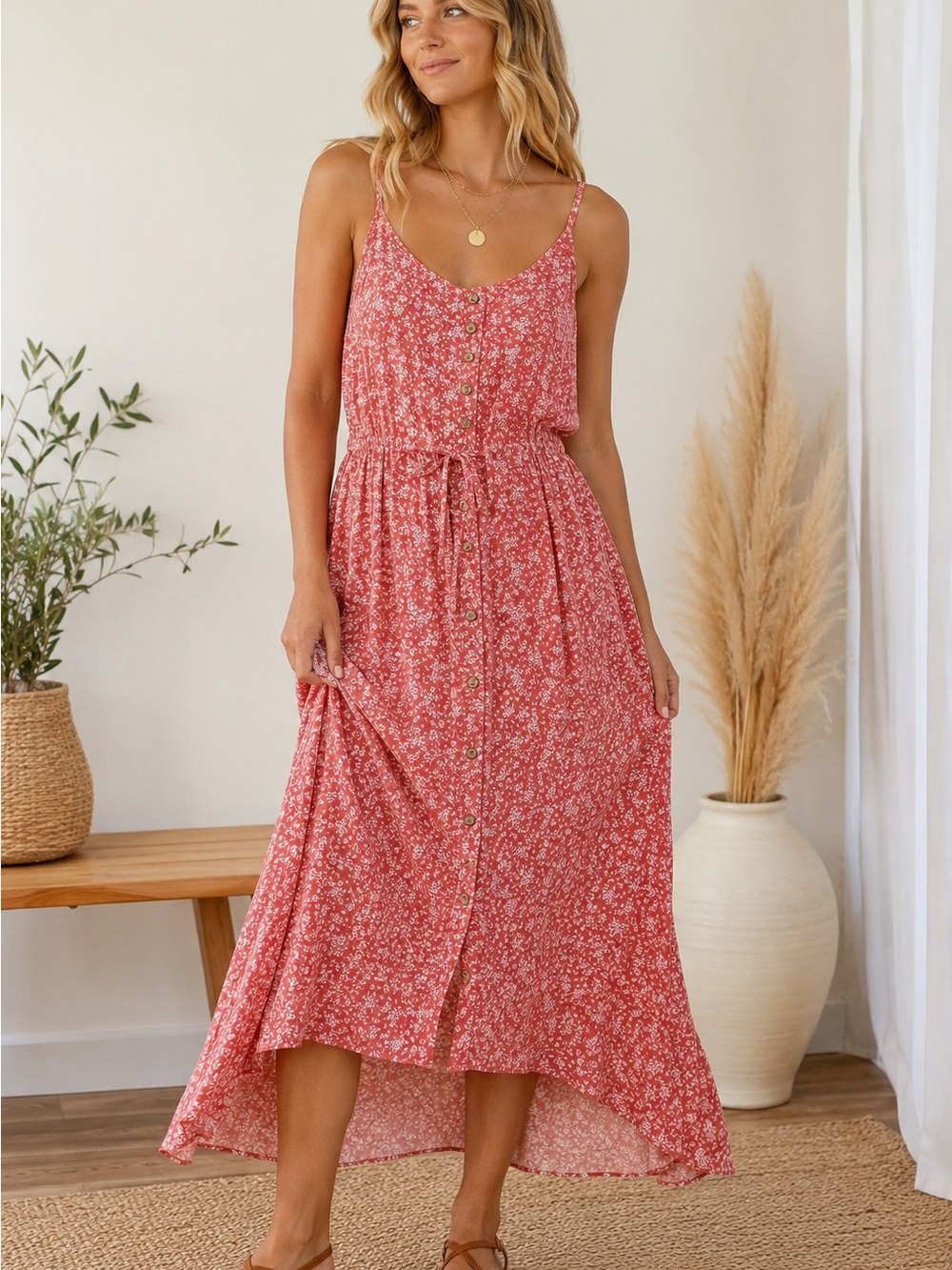 Bravave Floral Midi Dress Large Boho Cottagecore Button Front